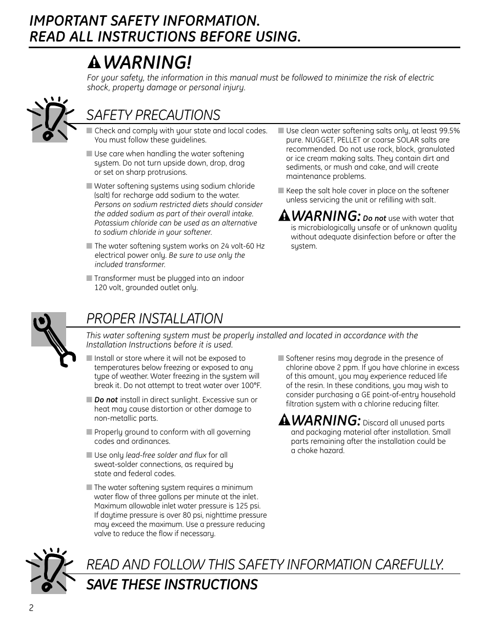 Safety information, Warning | GE GXSF4OH User Manual | Page 2 / 64