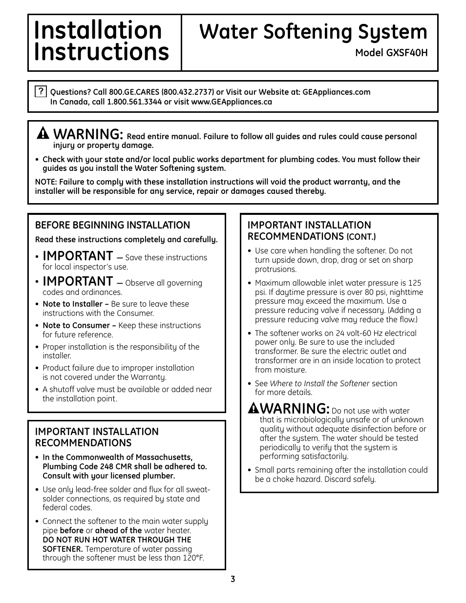 Installation instructions, Installation, Instructions | Water softening system, Warning, Important | GE GXSF4OH User Manual | Page 3 / 64