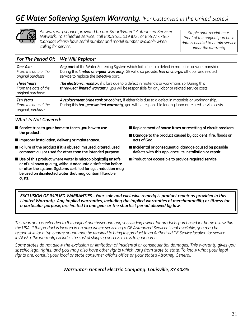 Warranty (u.s.), Ge water softening system warranty, For customers in the united states) | GE GXSF4OH User Manual | Page 31 / 64