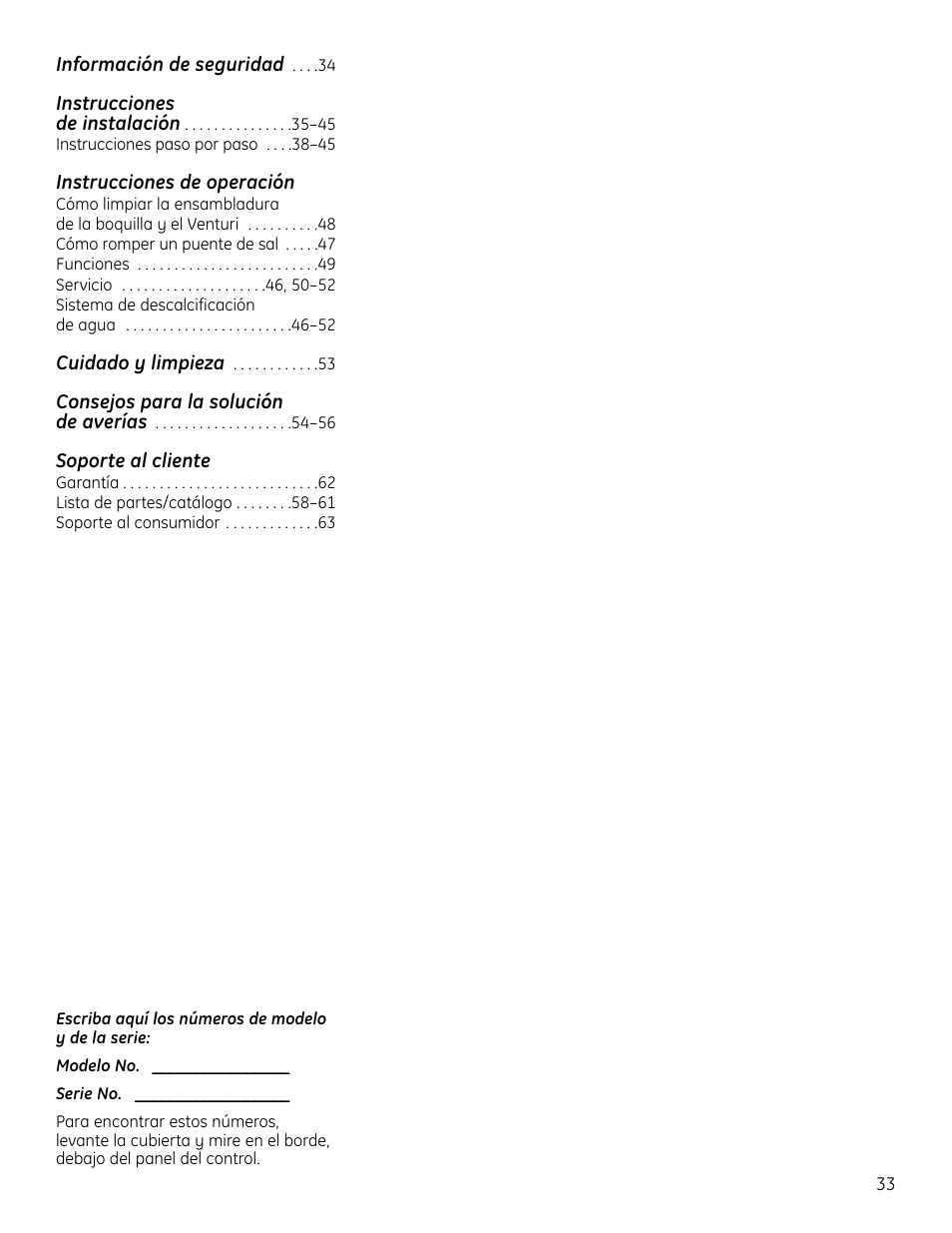 Spanish, Instrucciones de operación, Soporte al cliente | GE GXSF4OH User Manual | Page 33 / 64