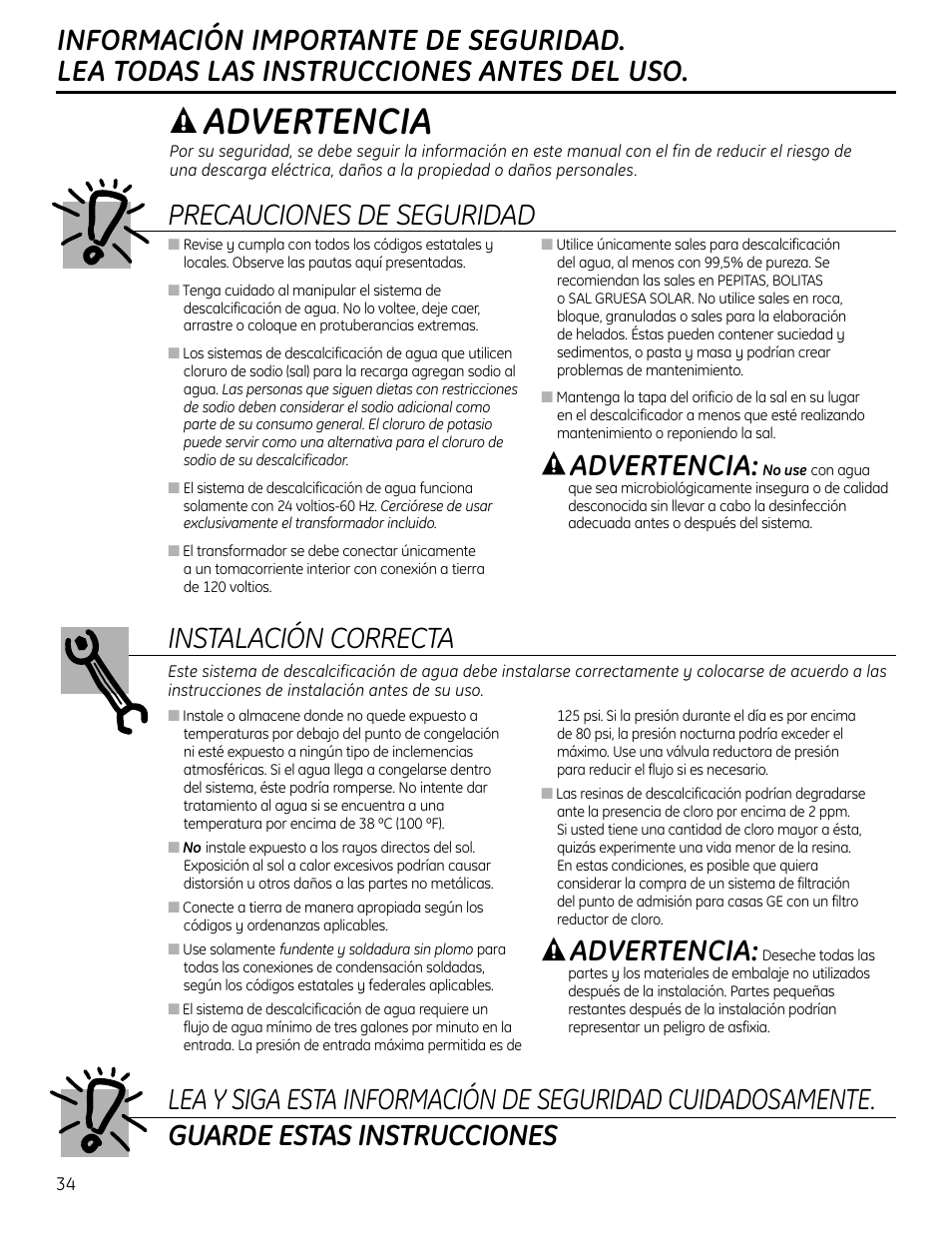 Información de seguridad, Advertencia | GE GXSF4OH User Manual | Page 34 / 64