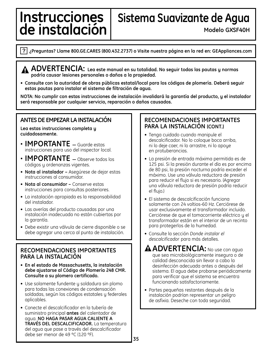 Instruccionesde instalación, Instrucciones de instalación, Instrucciones | De instalación, Sistema suavizante de agua, Advertencia, Importante | GE GXSF4OH User Manual | Page 35 / 64