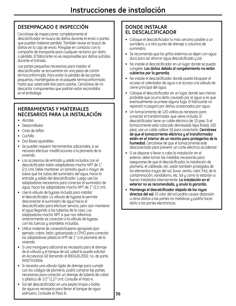 Instrucciones de instalación | GE GXSF4OH User Manual | Page 36 / 64