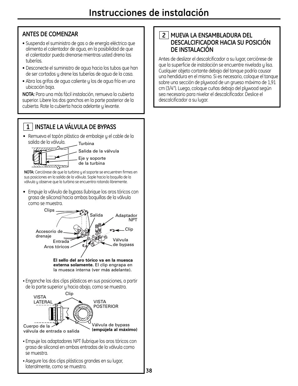 Instrucciones paso por paso, Instrucciones paso por paso –45, Instrucciones de instalación | Instale la válvula de bypass, Antes de comenzar | GE GXSF4OH User Manual | Page 38 / 64