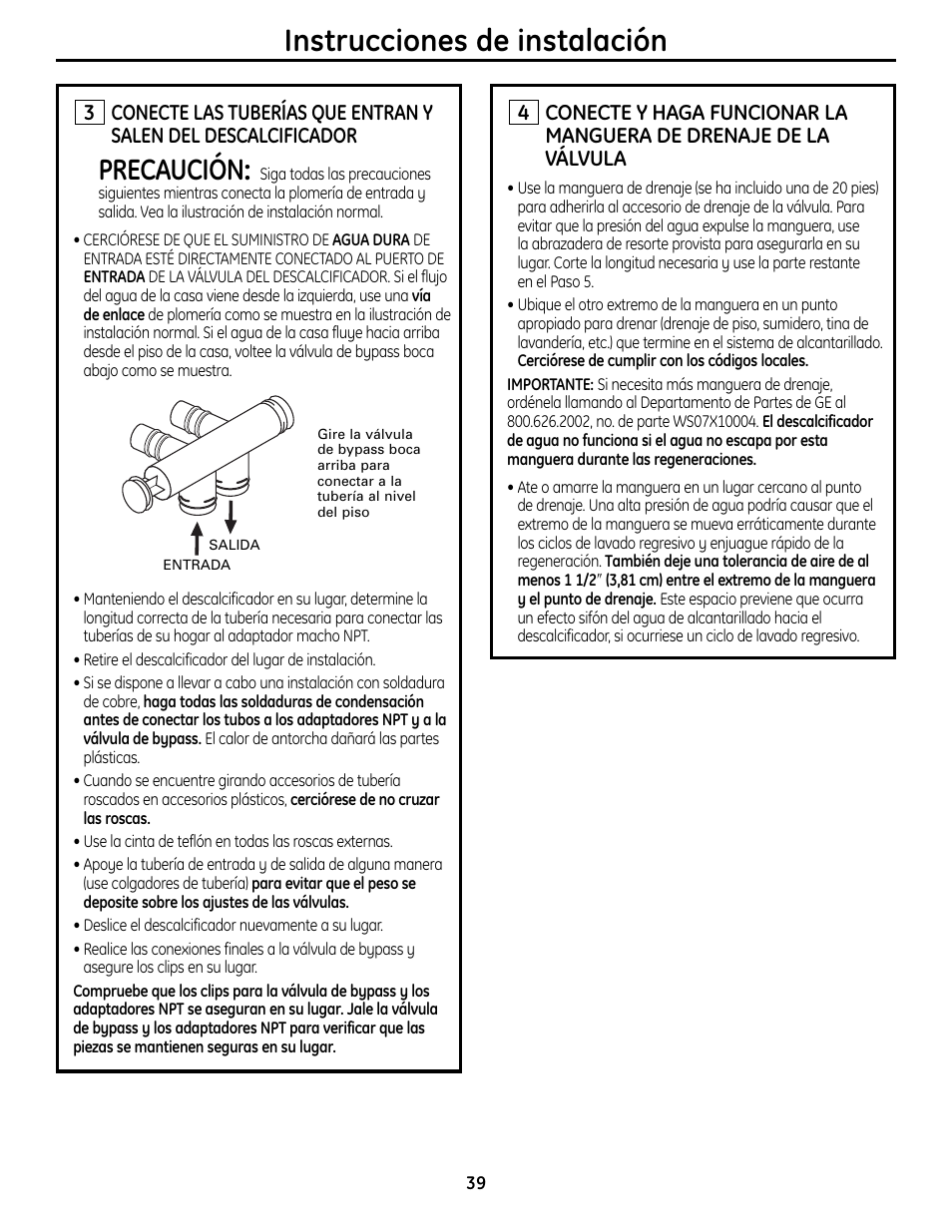 Instrucciones de instalación, Precaución | GE GXSF4OH User Manual | Page 39 / 64