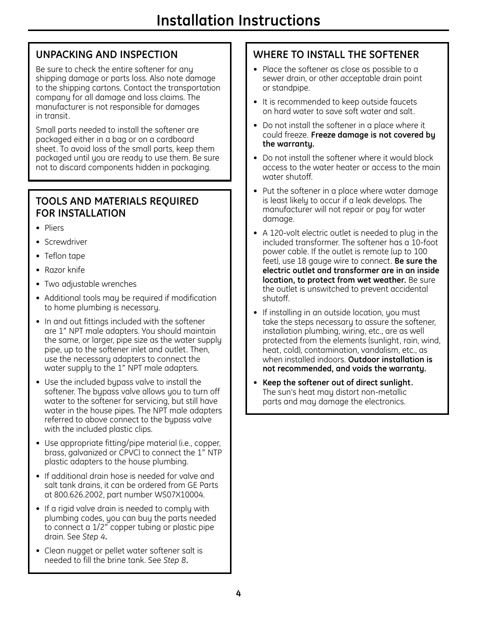 Installation instructions | GE GXSF4OH User Manual | Page 4 / 64