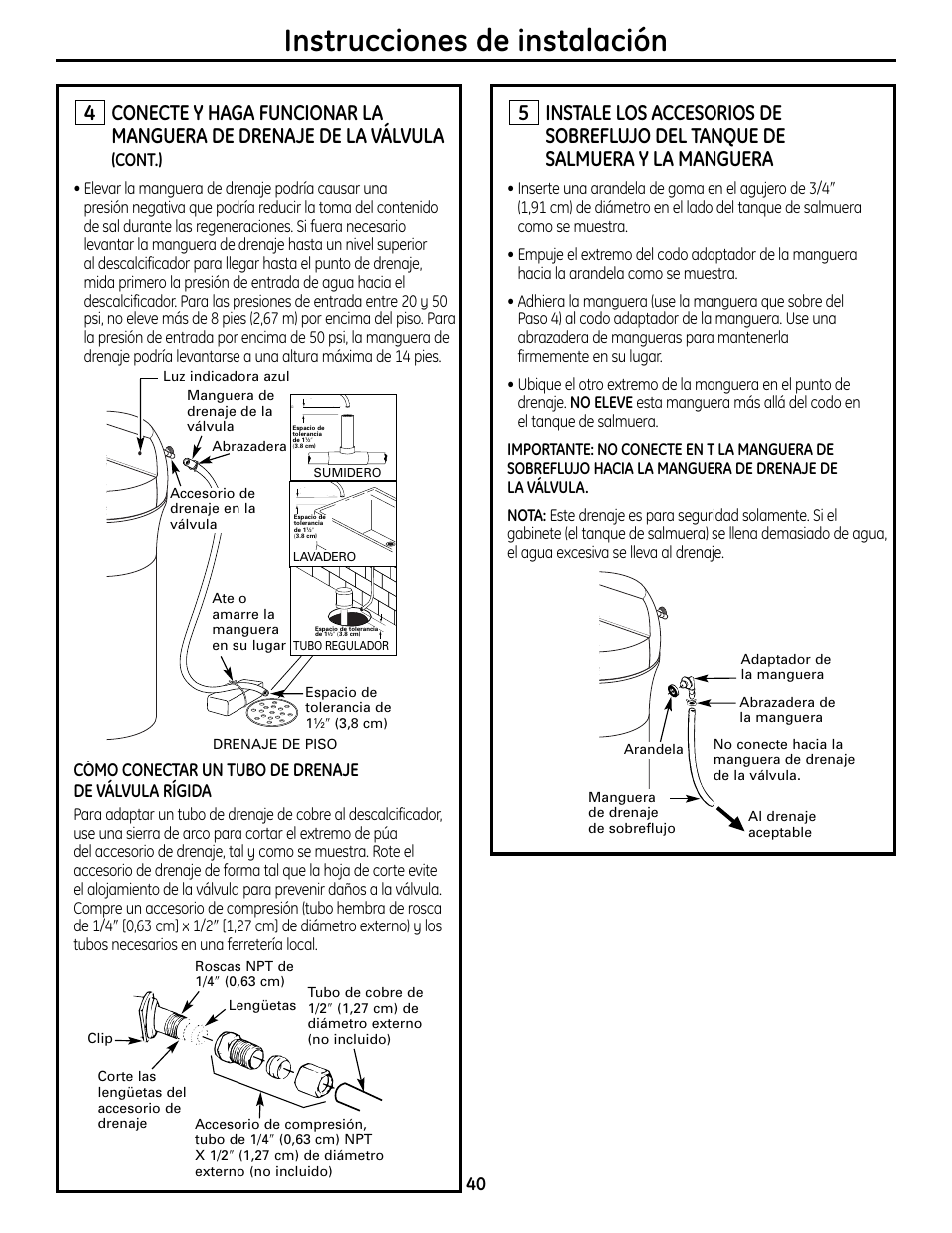 Instrucciones de instalación, Cont.), Cómo conectar un tubo de drenaje de válvula rígida | GE GXSF4OH User Manual | Page 40 / 64