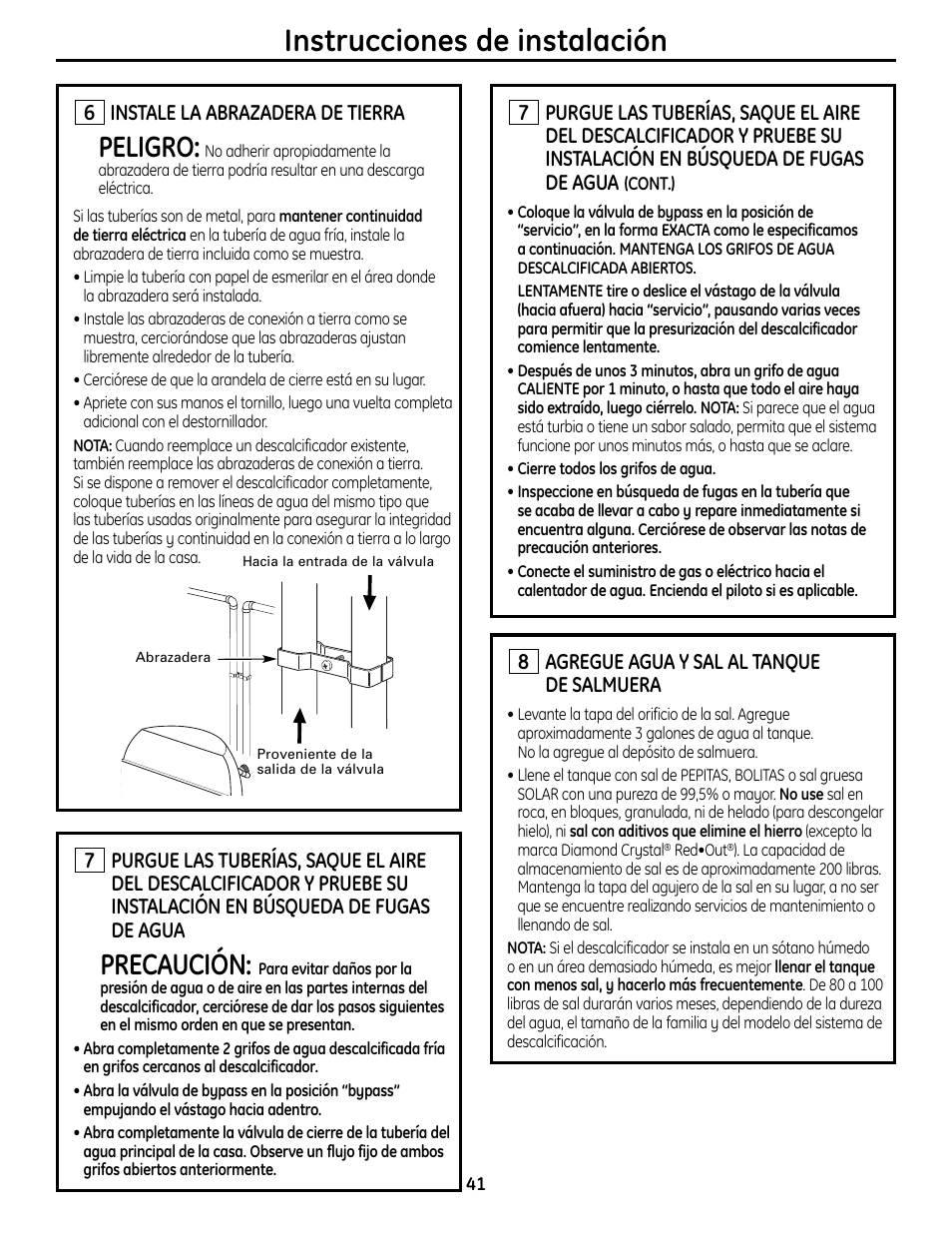 Instrucciones de instalación, Peligro, Precaución | GE GXSF4OH User Manual | Page 41 / 64