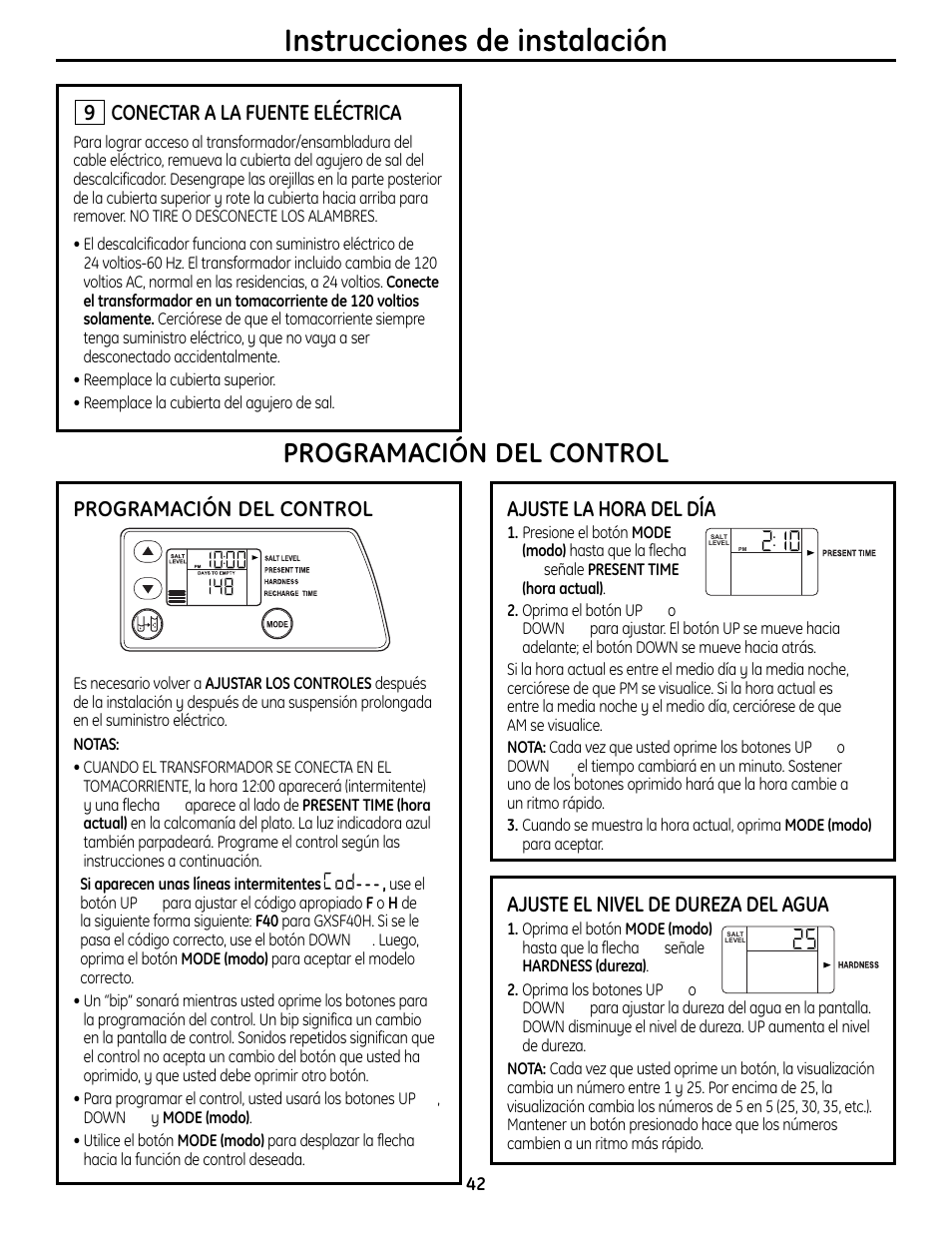 Instrucciones de instalación, Programación del control, Conectar a la fuente eléctrica | Ajuste la hora del día, Ajuste el nivel de dureza del agua | GE GXSF4OH User Manual | Page 42 / 64