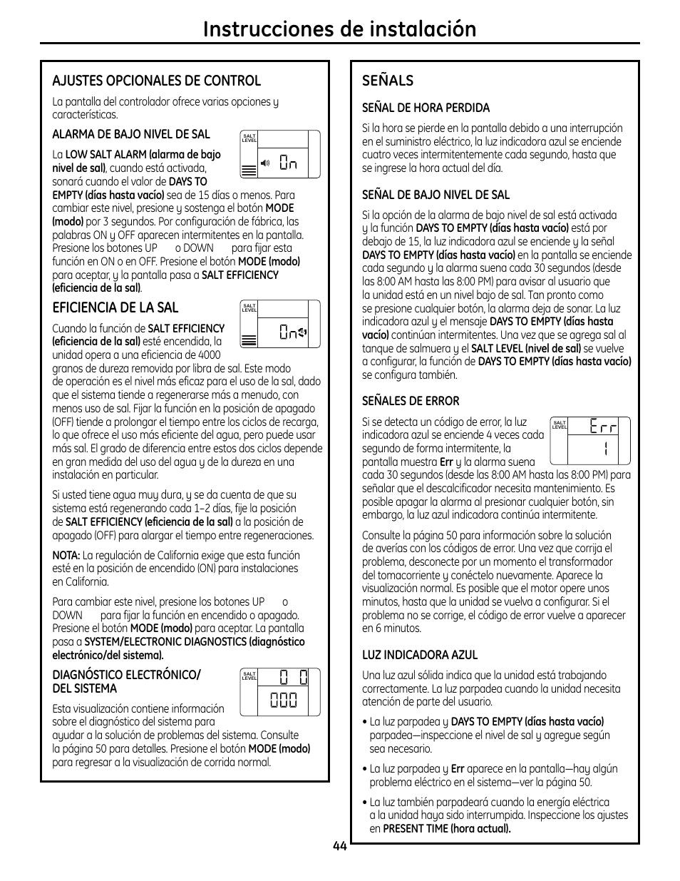 Instrucciones de instalación, Ajustes opcionales de control, Eficiencia de la sal | Señals | GE GXSF4OH User Manual | Page 44 / 64