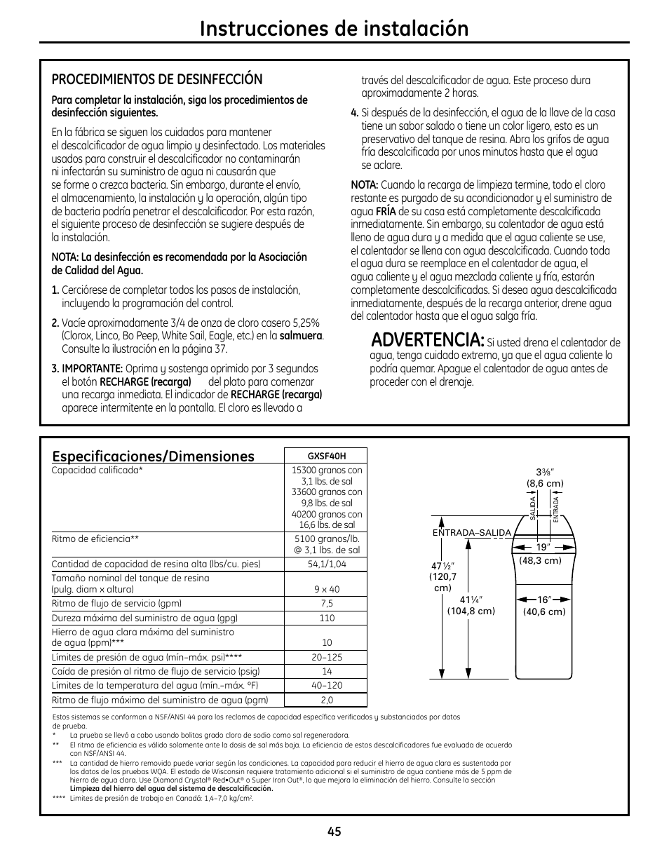 Instrucciones de instalación, Advertencia, Especificaciones/dimensiones | Procedimientos de desinfección | GE GXSF4OH User Manual | Page 45 / 64