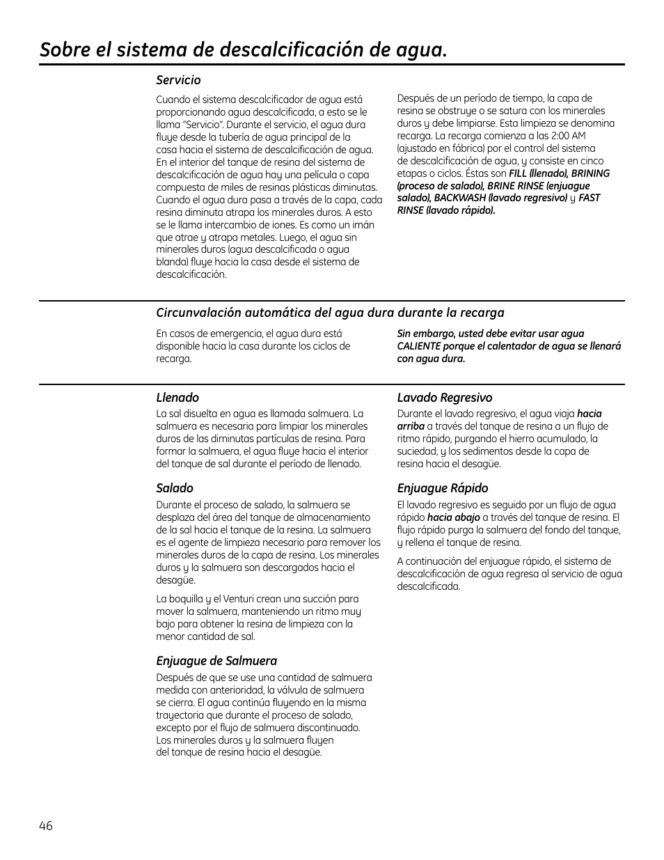 Servicio, Sistema de descalcificación de agua, Sobre el sistema de descalcificación de agua | GE GXSF4OH User Manual | Page 46 / 64