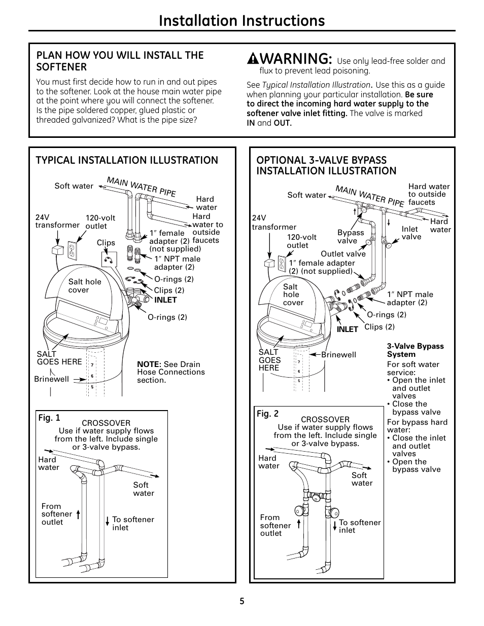 Installation instructions, Warning, Plan how you will install the softener | Typical installation illustration, Optional 3-valve bypass installation illustration | GE GXSF4OH User Manual | Page 5 / 64