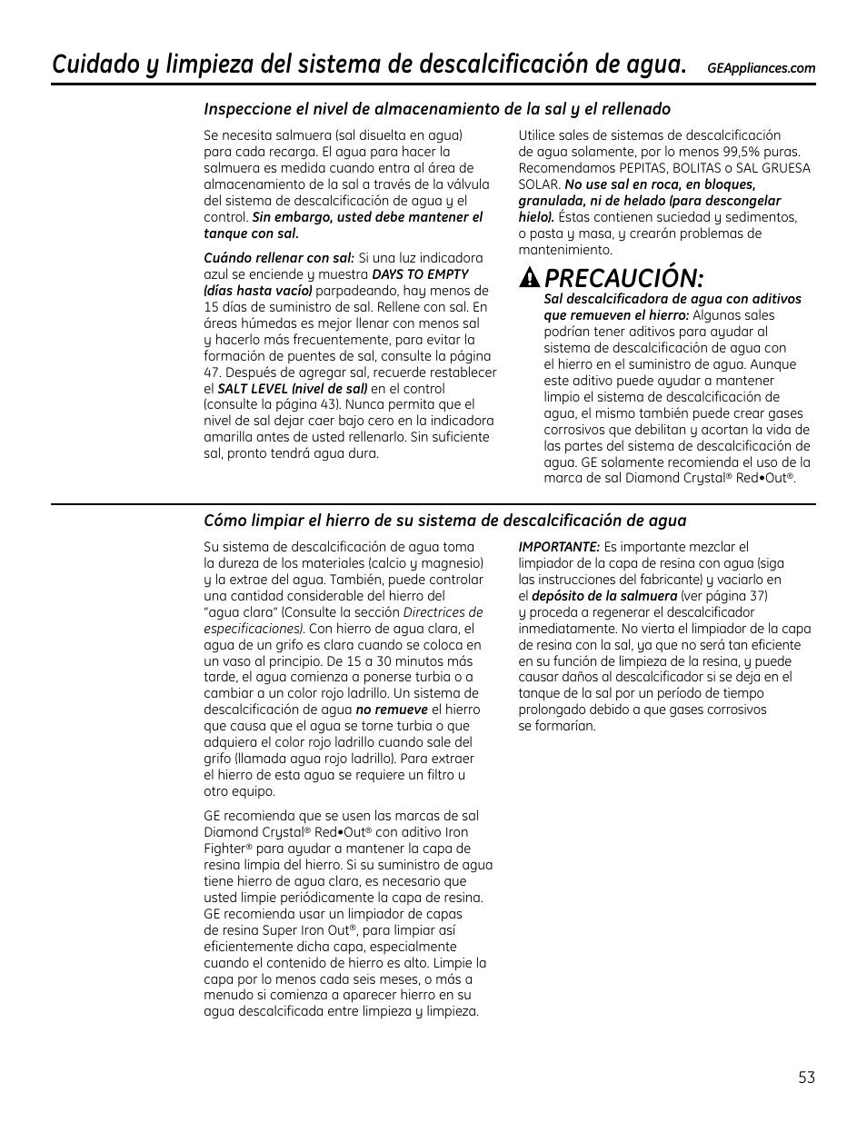 Cuidado y limpieza, Precaución | GE GXSF4OH User Manual | Page 53 / 64