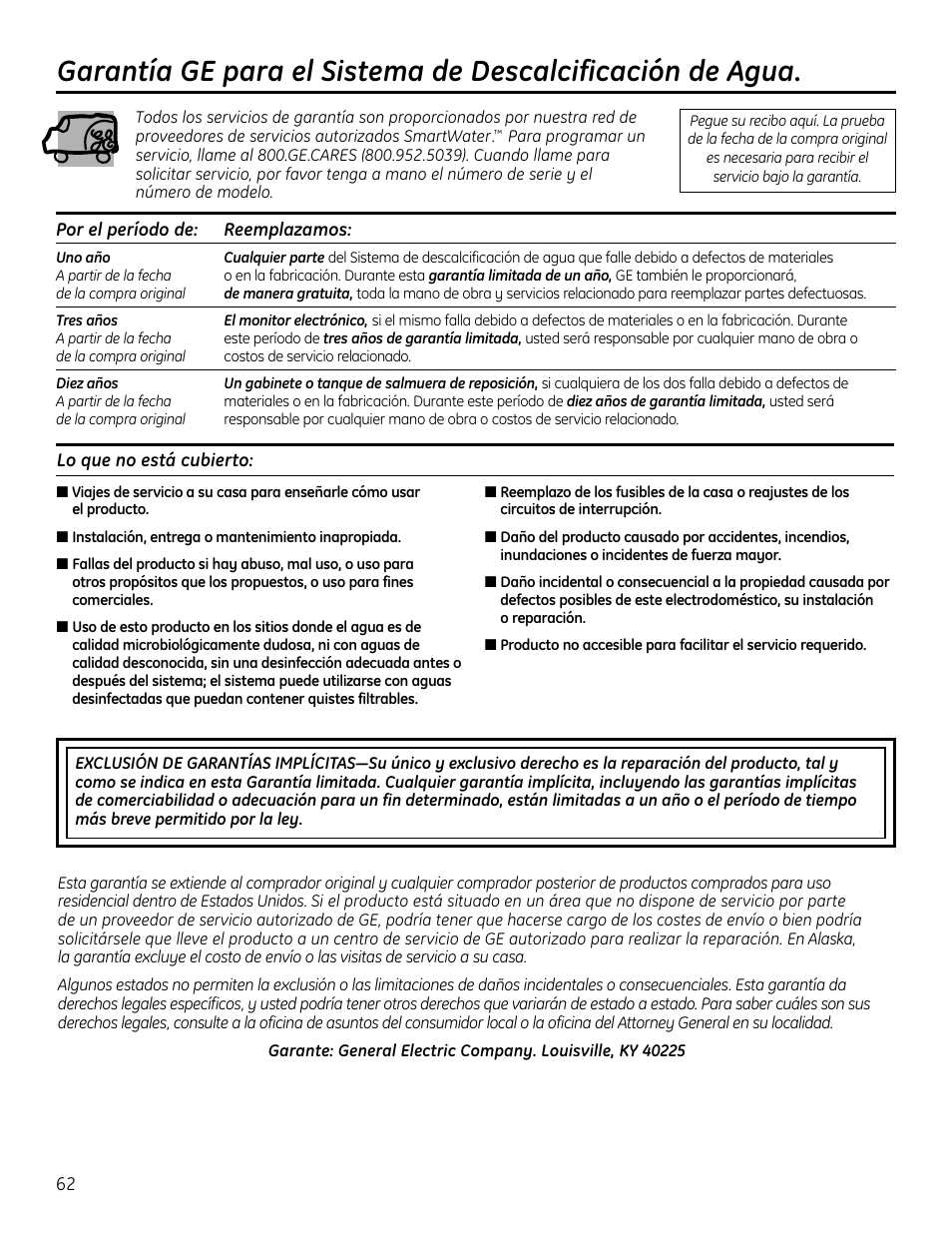 Garantía | GE GXSF4OH User Manual | Page 62 / 64