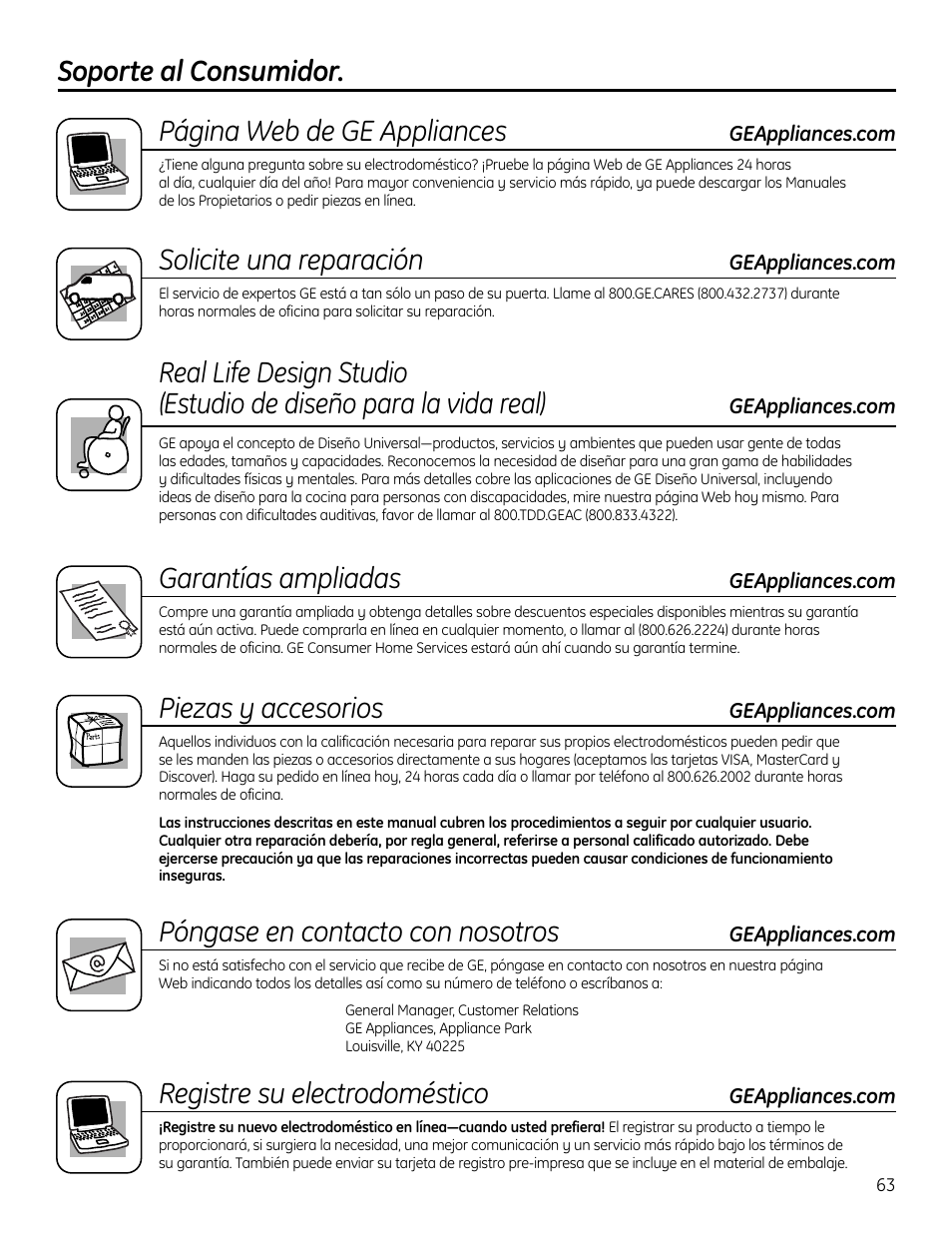 Soporte al consumidor, Soporte al consumidor. página web de ge appliances, Solicite una reparación | Garantías ampliadas, Piezas y accesorios, Póngase en contacto con nosotros, Registre su electrodoméstico | GE GXSF4OH User Manual | Page 63 / 64