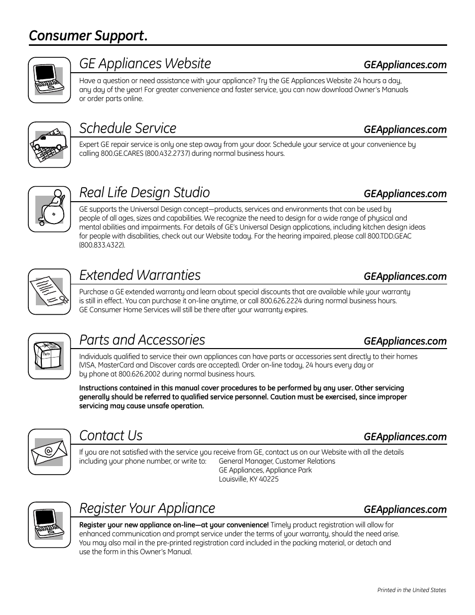 Consumer support, Consumer support . . . . . . . .back cover, Ge appliances website | Schedule service, Real life design studio, Extended warranties, Parts and accessories, Contact us, Register your appliance | GE GXSF4OH User Manual | Page 64 / 64