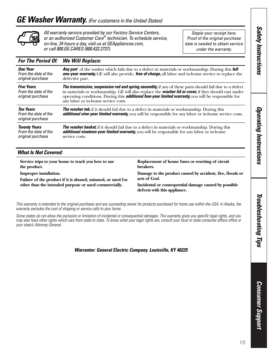 Warranty, Ge washer warranty | GE WBSE3120 User Manual | Page 15 / 16