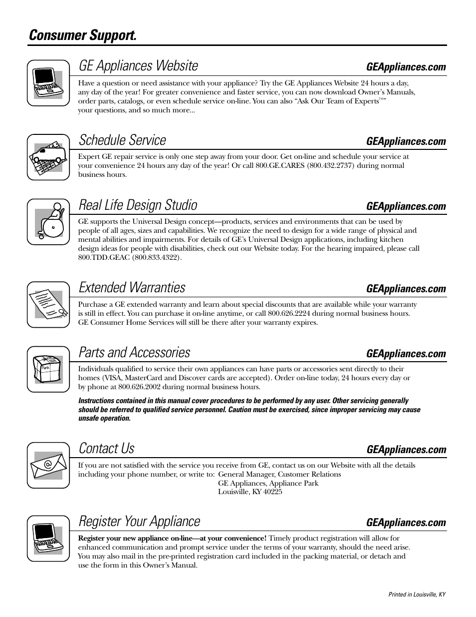 Consumer support, Consumer support . . .back cover, Consumer support. ge appliances website | Schedule service, Real life design studio, Extended warranties, Parts and accessories, Contact us, Register your appliance | GE WBSE3120 User Manual | Page 16 / 16