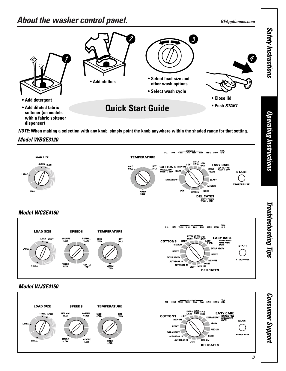 Control panels, Control panels , 4, About the washer control panel | Quick start guide | GE WBSE3120 User Manual | Page 3 / 16