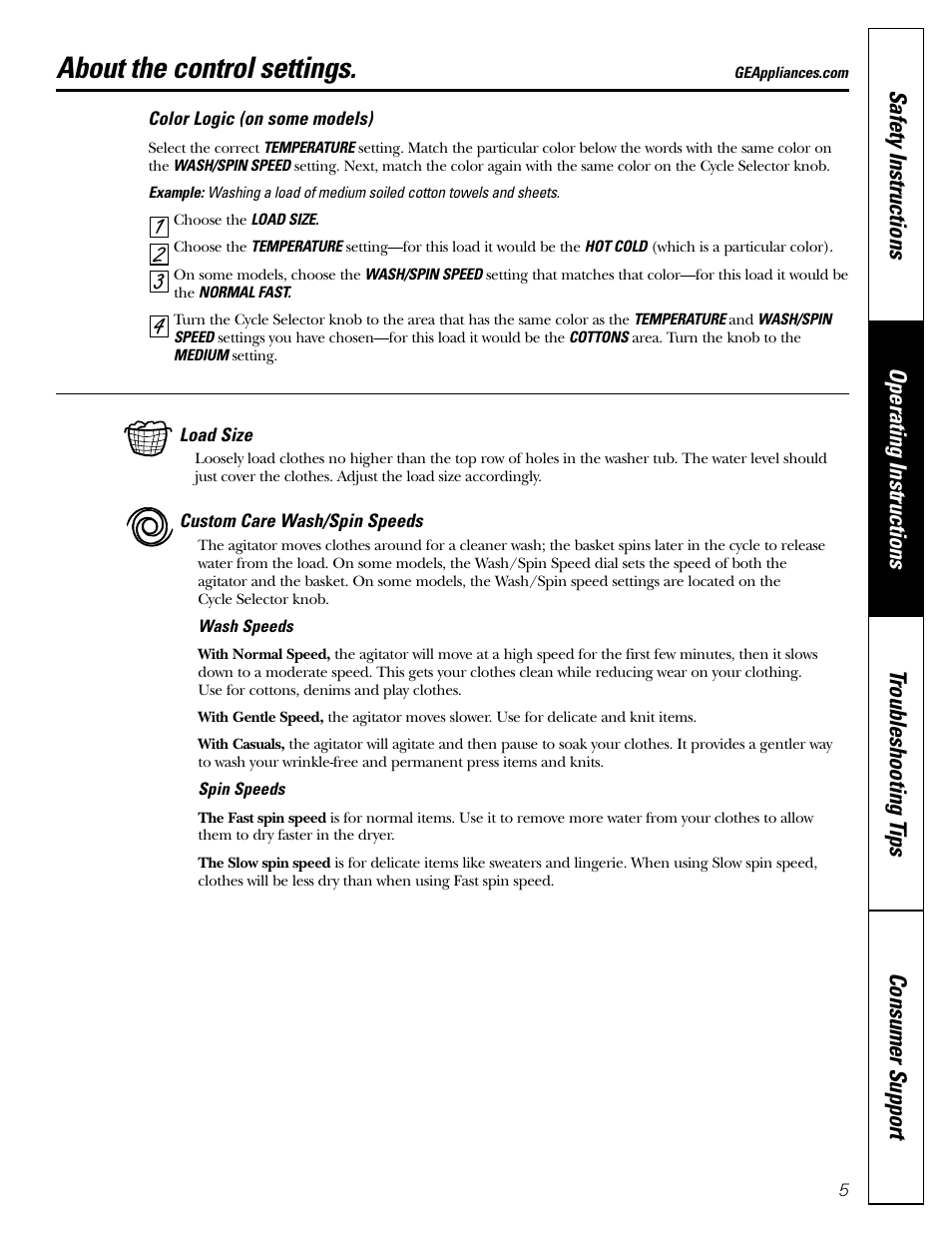 Control settings, Control settings , 6, About the control settings | GE WBSE3120 User Manual | Page 5 / 16