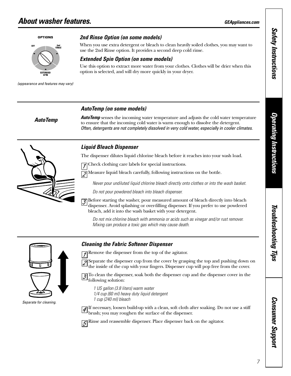 Features, Features , 8, About washer features | GE WBSE3120 User Manual | Page 7 / 16