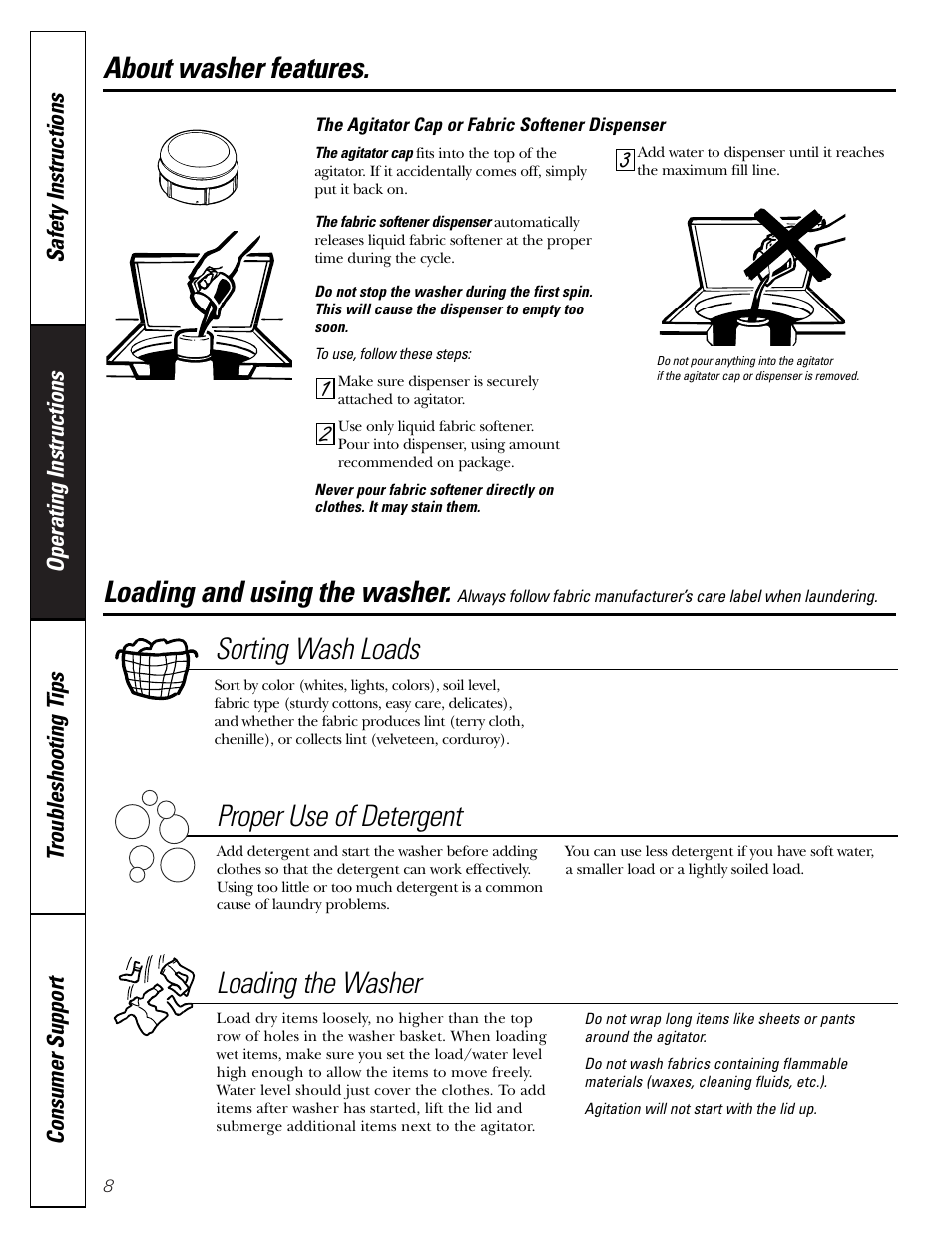 Loading and using the washer, Loading and using the washer , 9, Sorting wash loads proper use of detergent | Loading the washer | GE WBSE3120 User Manual | Page 8 / 16