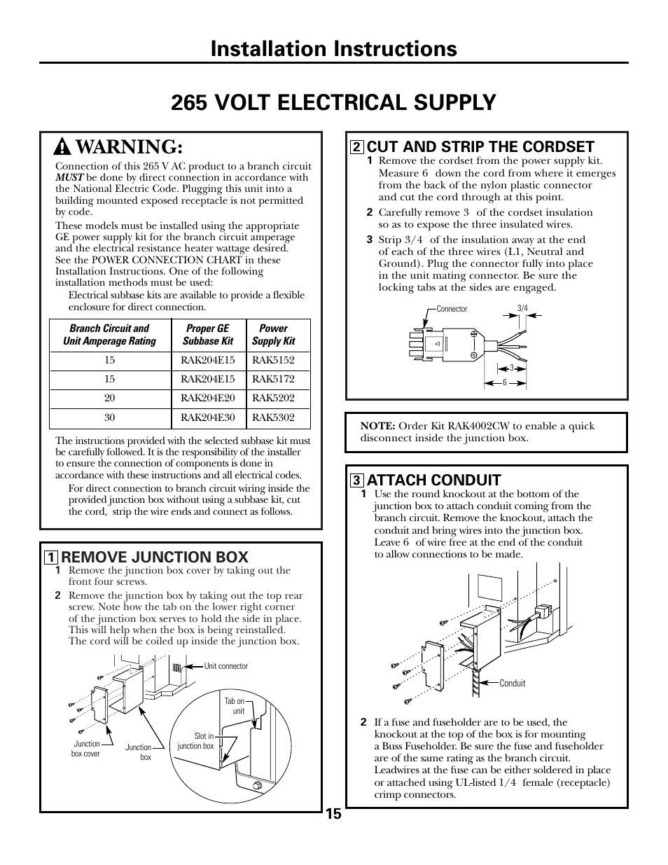 Warning, Remove junction box, Cut and strip the cordset | Attach conduit | GE 5500 User Manual | Page 15 / 24
