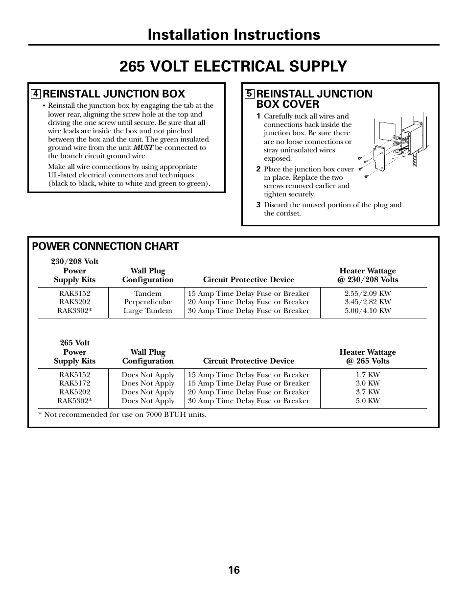 Installation instructions, 265 volt electrical supply, Reinstall junction box | Reinstall junction box cover, Power connection chart | GE 5500 User Manual | Page 16 / 24