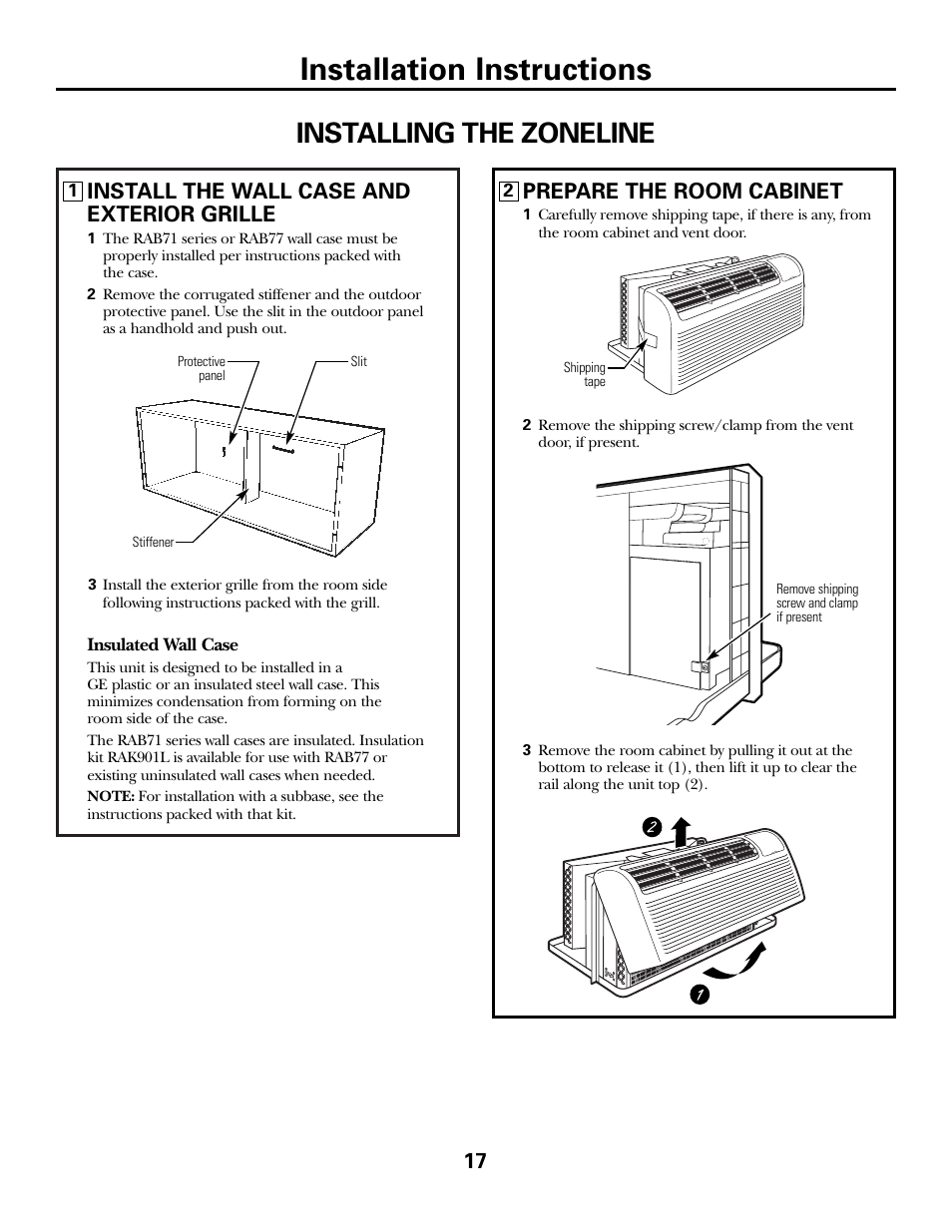 Installing the zoneline, Installing the zoneline , 18, Installation instructions | 17 install the wall case and exterior grille, Prepare the room cabinet | GE 5500 User Manual | Page 17 / 24