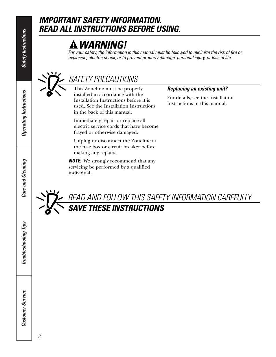Safety instructions, Warning | GE 5500 User Manual | Page 2 / 24