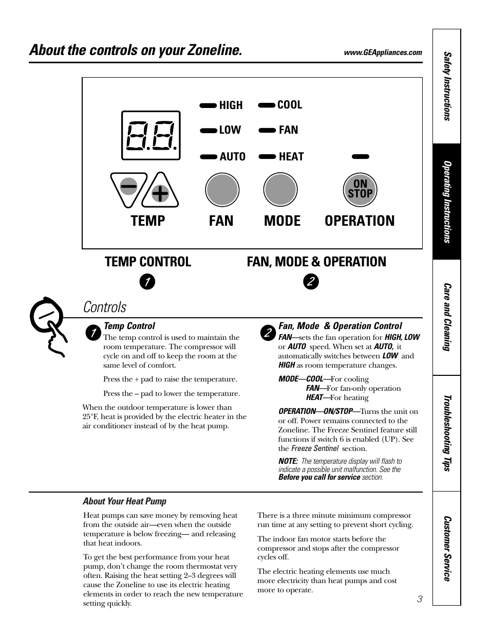 Controls, About the controls on your zoneline, Mode temp fan operation | Temp control fan, mode & operation | GE 5500 User Manual | Page 3 / 24