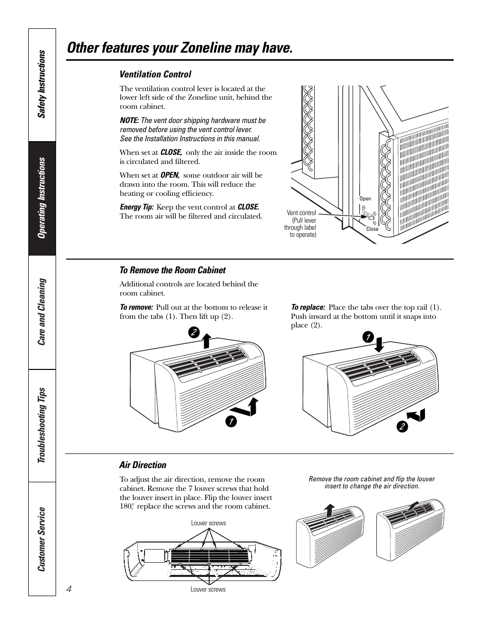 Air direction, Vent control, Other features your zoneline may have | GE 5500 User Manual | Page 4 / 24