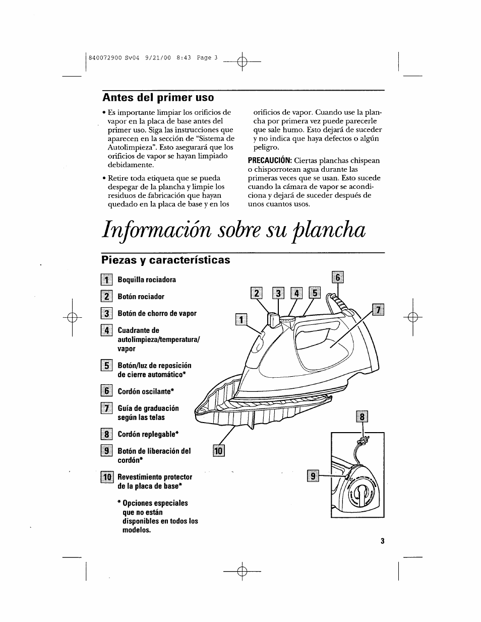 Antes del primer use, Piezas y características, Información sobre su plancha | GE 840072900 User Manual | Page 13 / 20