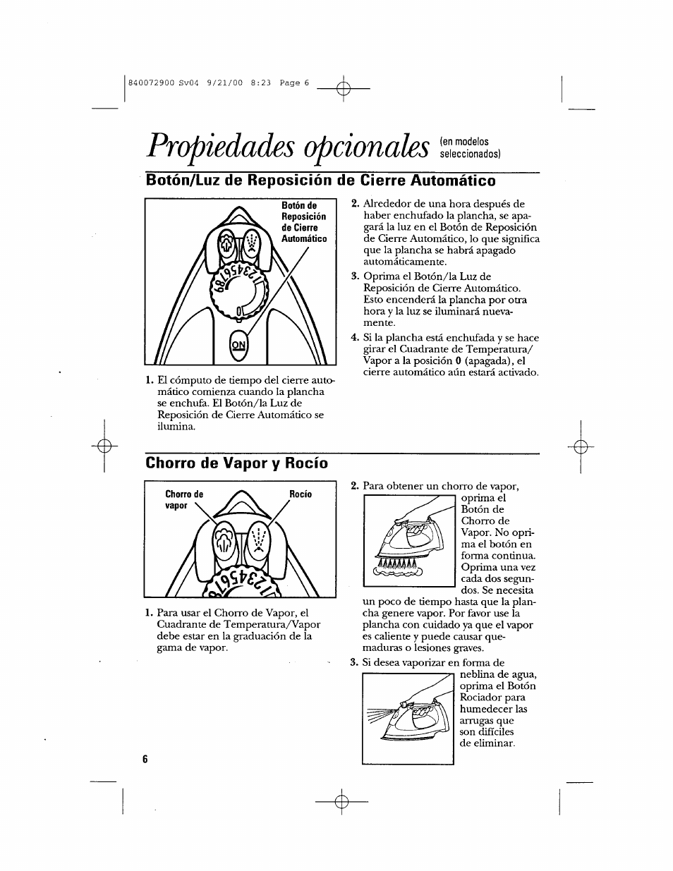 Botón/luz de reposición de cierre automático, Chorro de vapor y rocío, Propiedades opcionales | GE 840072900 User Manual | Page 16 / 20