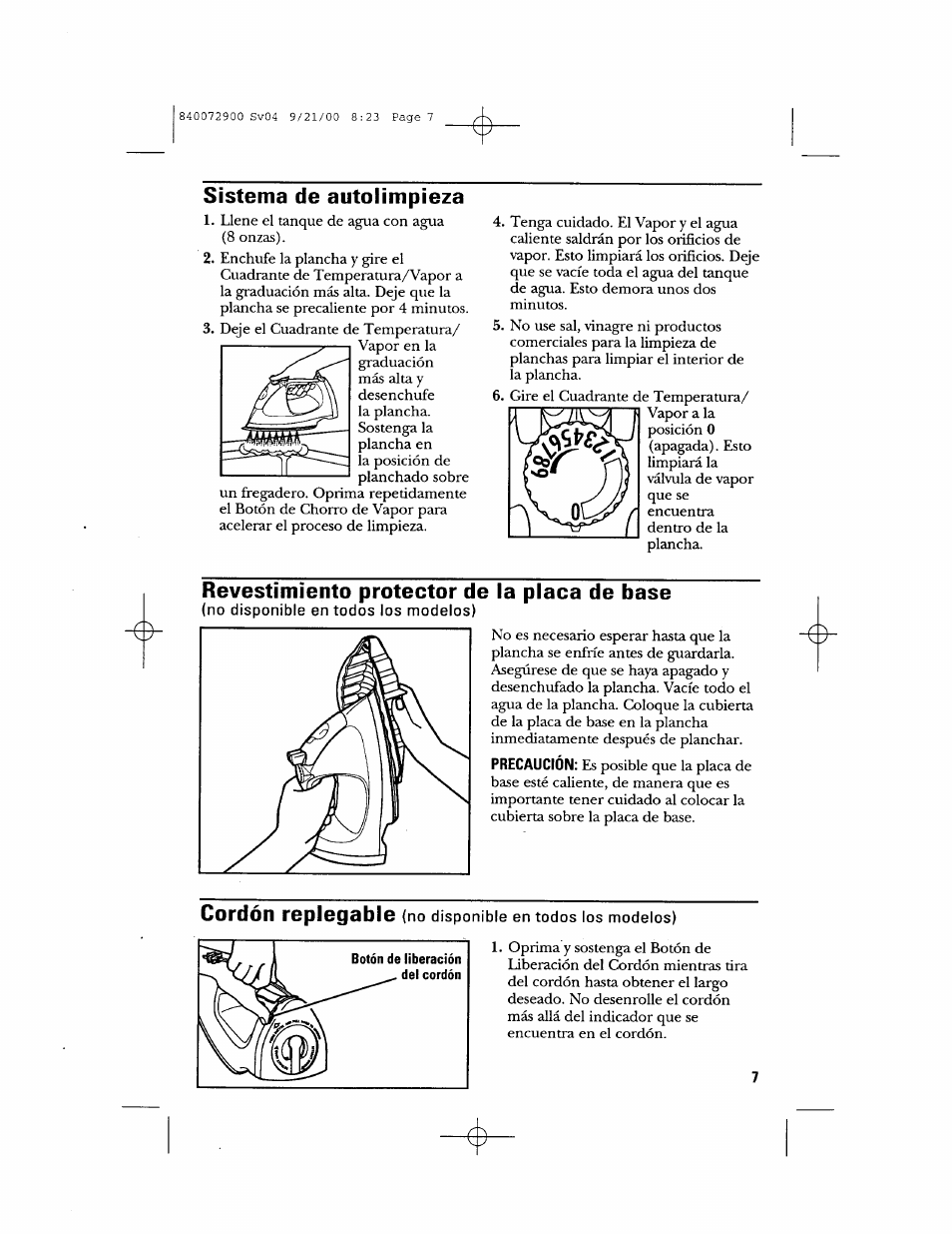 Sistema de autolimpieza, Revestimiento protector de la placa de base, Cordón replogable | GE 840072900 User Manual | Page 17 / 20