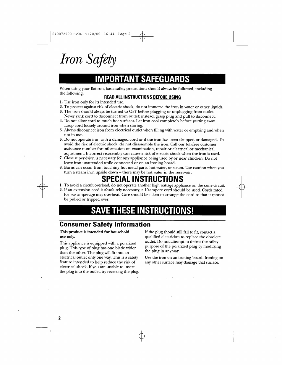 Read all instructions before using, Consumer safety information, Iron safety | Important safeguards, Save these instructions, Special instructions | GE 840072900 User Manual | Page 2 / 20