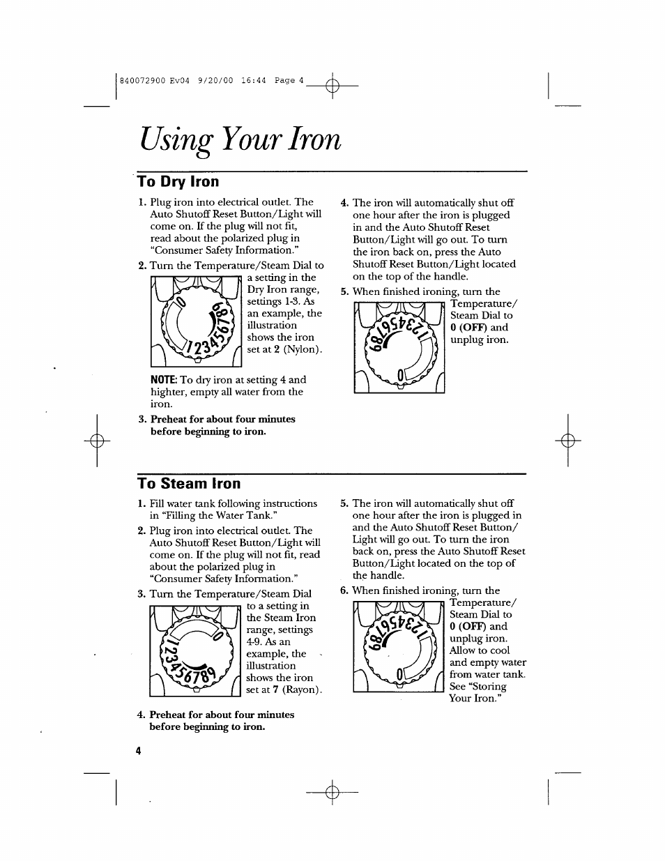 To dry iron, To steam iron, Using your iron | GE 840072900 User Manual | Page 4 / 20