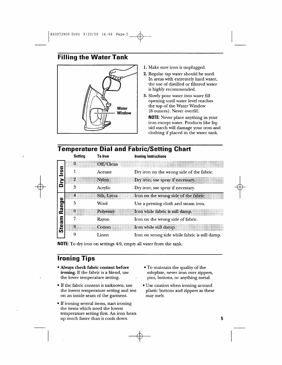 Filling the water tank, Temperature dial and fabric/setting chart, Ironing tips | Afilling the water tank | GE 840072900 User Manual | Page 5 / 20
