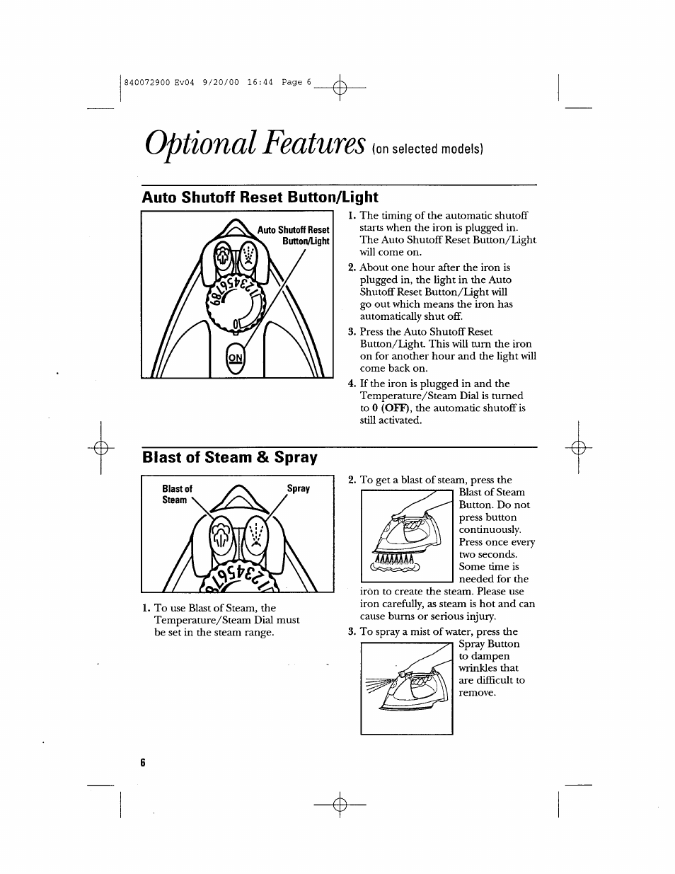 Auto shutoff reset button/light, Biast of steam & spray, Optional features | GE 840072900 User Manual | Page 6 / 20