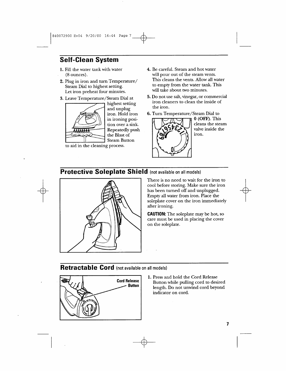 Self-clean system, Protective soleplate shield, Retractable cord | GE 840072900 User Manual | Page 7 / 20