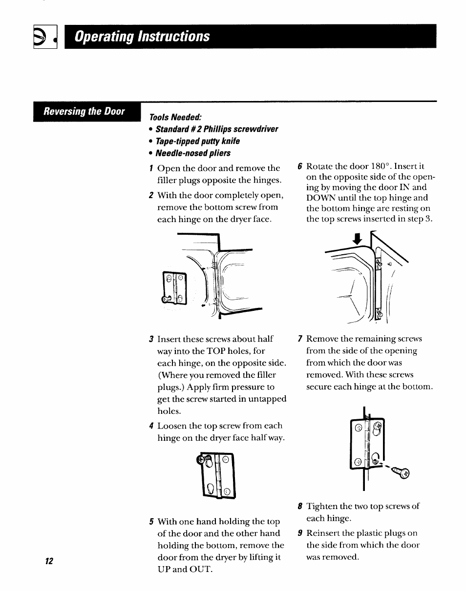 Operating instructions, Tools needed, Standard #2 phillips screwdriver | Tape-tipped putty knife, Needle-nosed pliers | GE DDSR475GT User Manual | Page 12 / 24