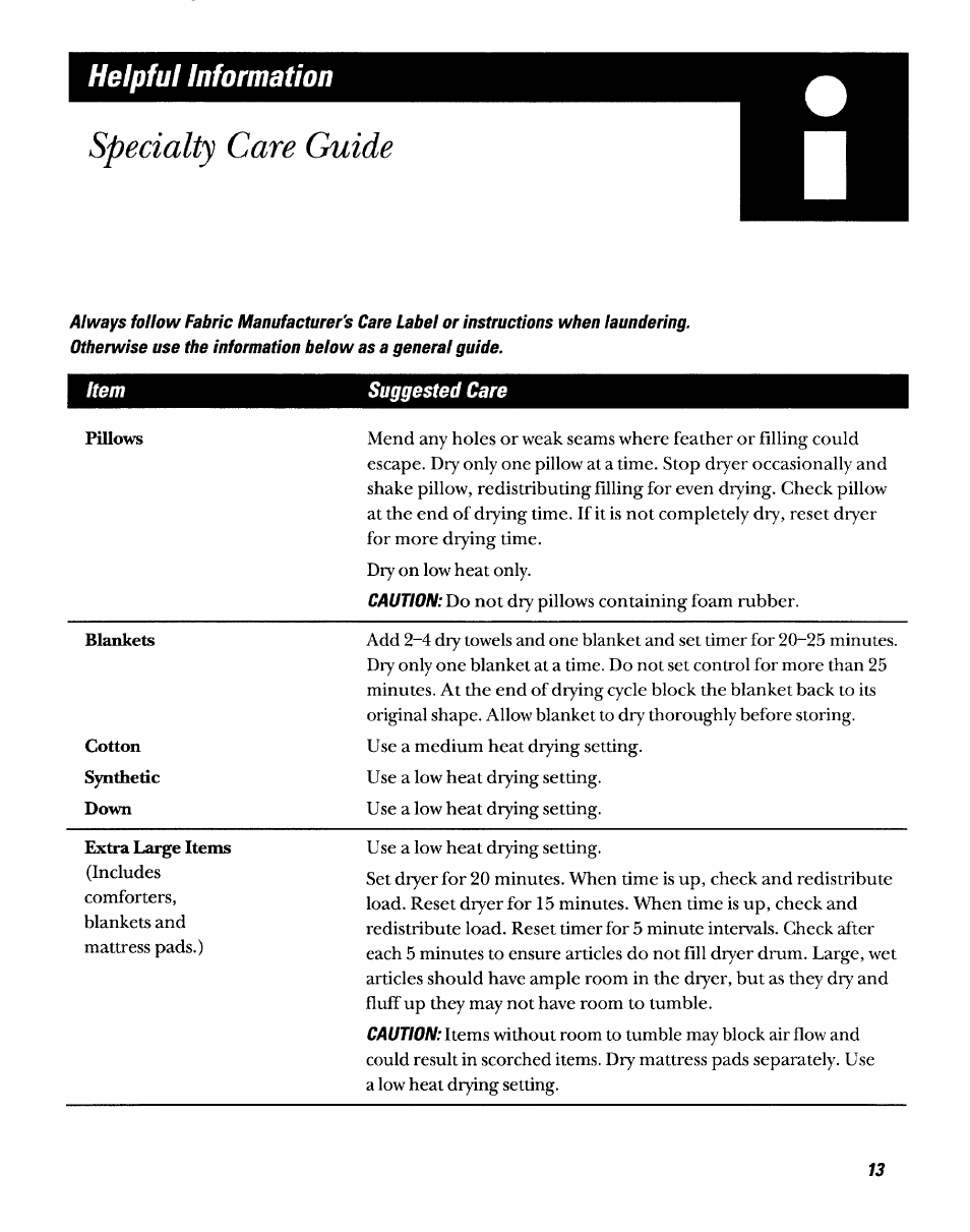 Helpful information, Specialty care guide | GE DDSR475GT User Manual | Page 13 / 24