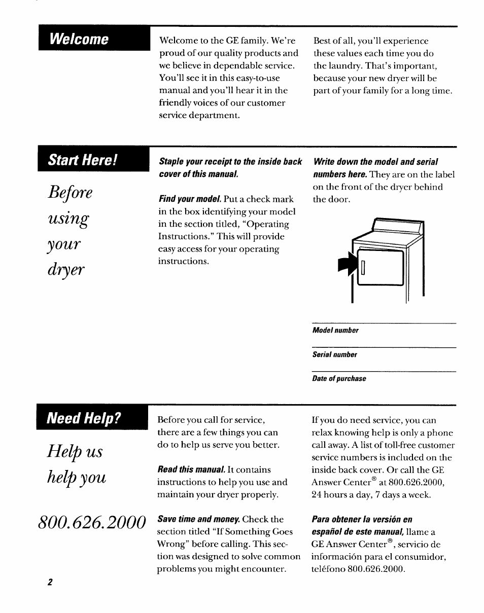 Cover of this manual, Before using your dryer, Help us help you | GE DDSR475GT User Manual | Page 2 / 24