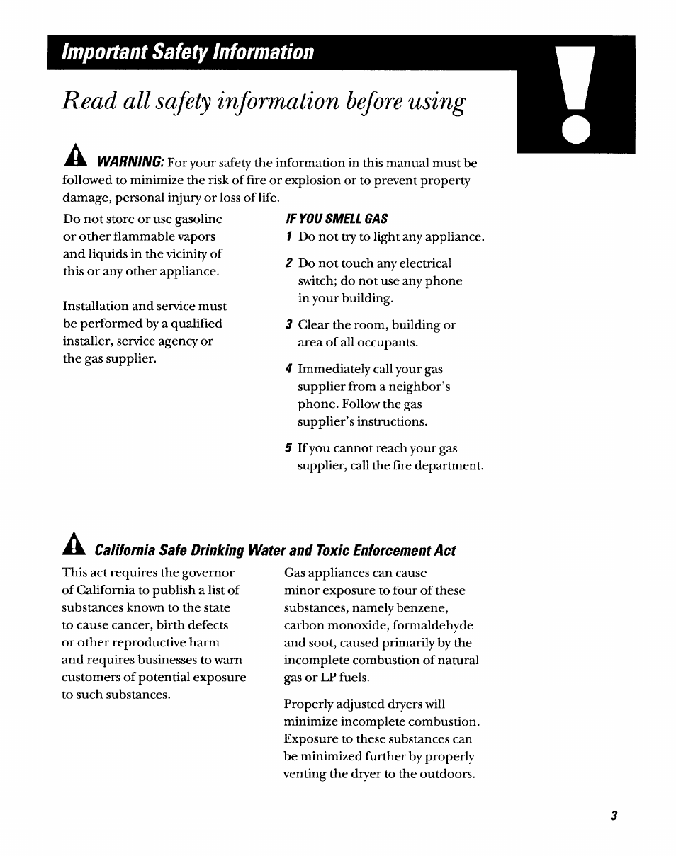 Important safety information, Read all safety information before using | GE DDSR475GT User Manual | Page 3 / 24
