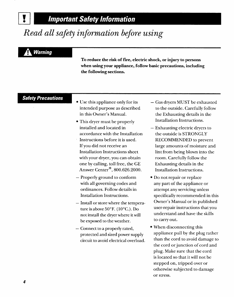 Mportant safety information, Read all safety information before using | GE DDSR475GT User Manual | Page 4 / 24