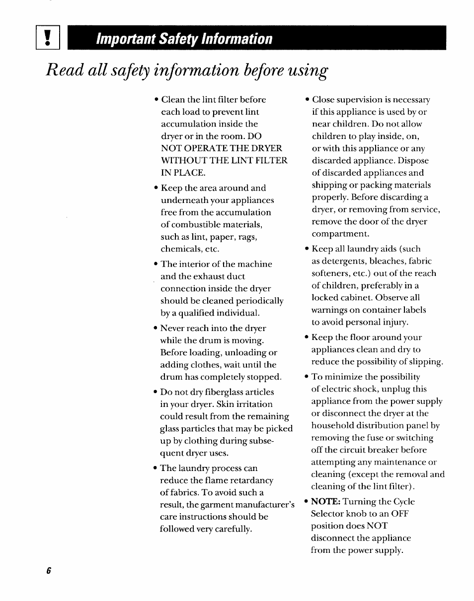 Important safety information, Read all safety information before using | GE DDSR475GT User Manual | Page 6 / 24