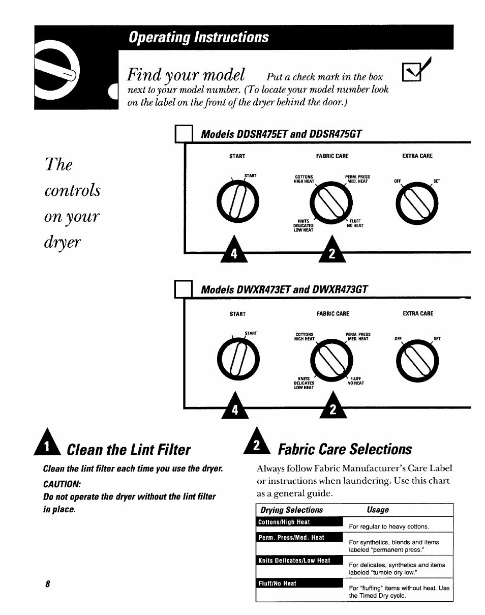 Operating instructions, Clean the lint filter, Find your model | The controls on your dryer, Fabric care selections | GE DDSR475GT User Manual | Page 8 / 24