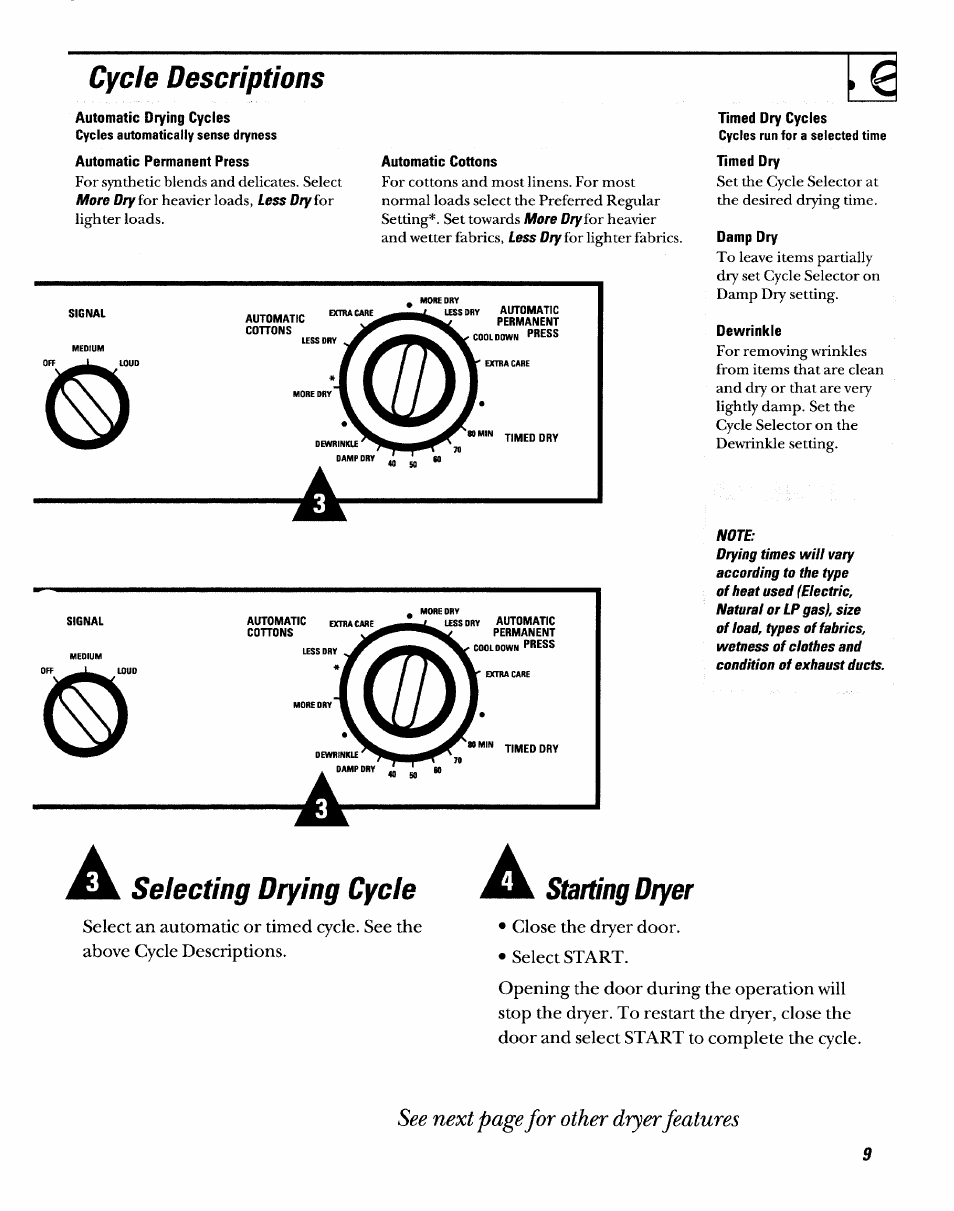 Cycle descriptions, Automatic permanent press, Automatic cottons | Selecting drying cycle, Starting dryer, See next page for other dryerfeatures | GE DDSR475GT User Manual | Page 9 / 24
