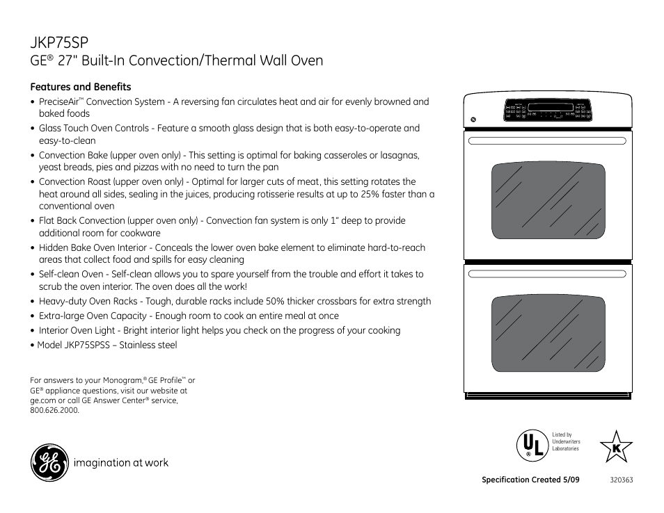 Jkp75sp, 27" built-in convection/thermal wall oven, Features and benefits | GE JKP75SP User Manual | Page 2 / 2